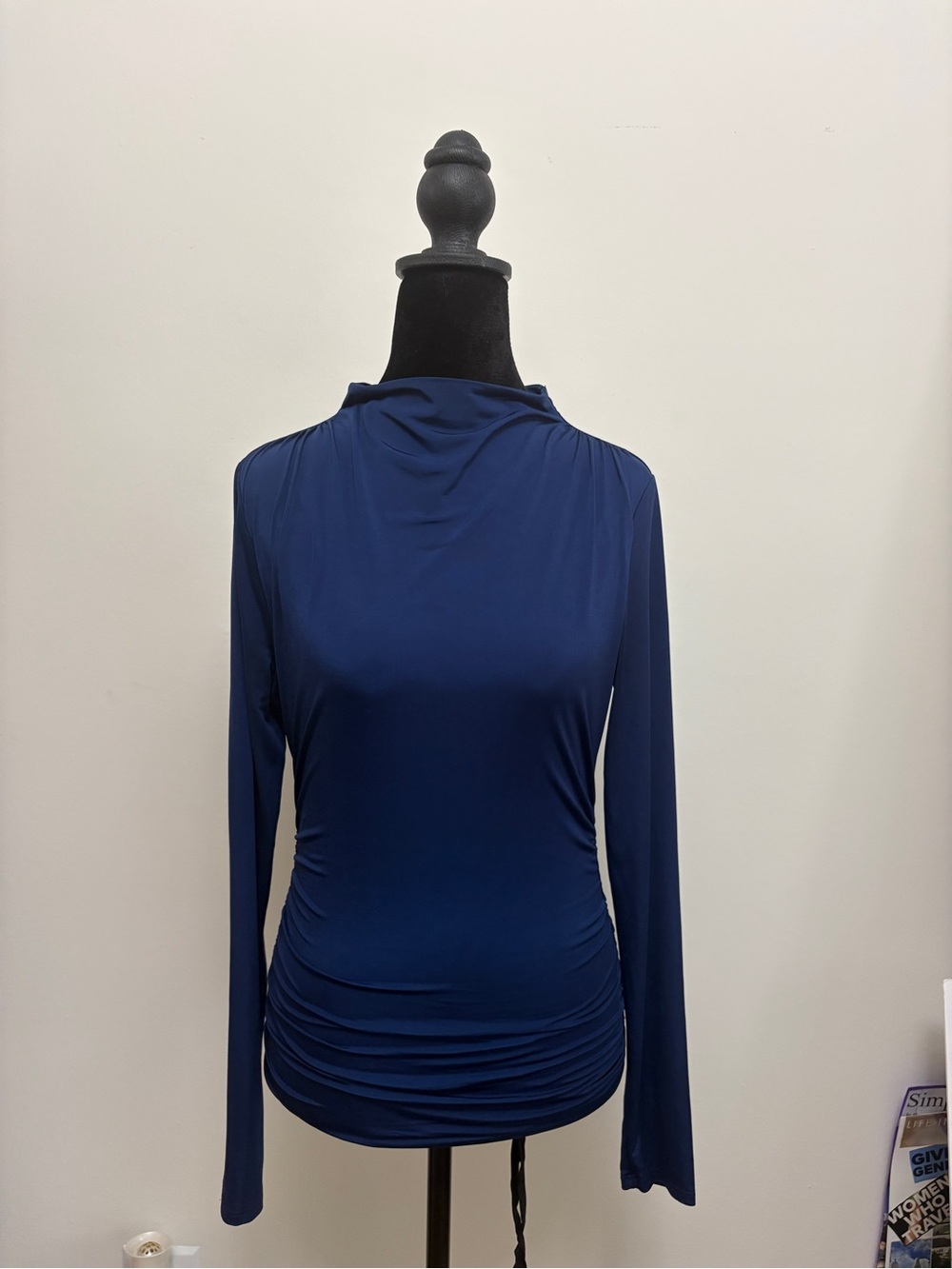 Women's Navy Long-Sleeve Draped Neck Ruched Top